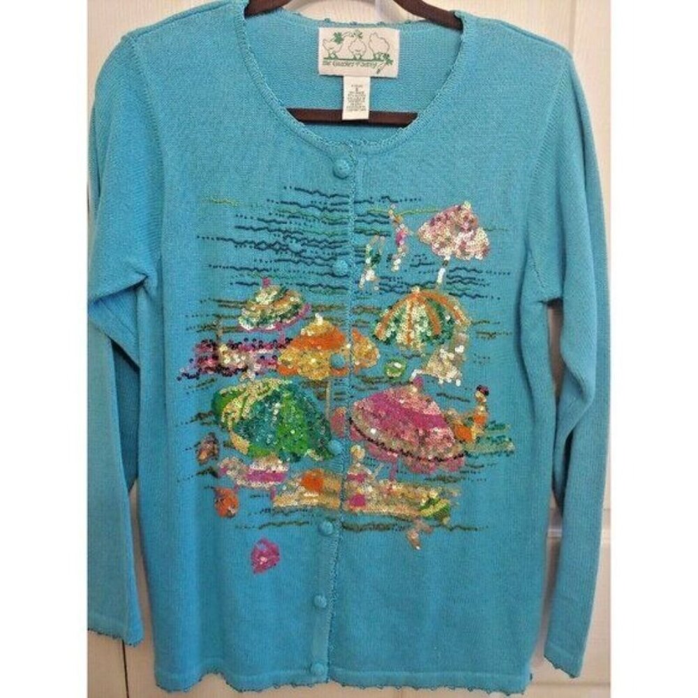 Quacker Factory Sz Small Blue Cardigan Sweater Summer Sequin Umbrellas Beach